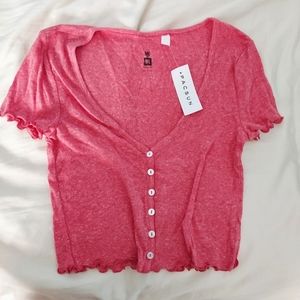 NWT PacSun Red Sleeved Crop Top, V-Neck, Lettuce Edge Hem, Size Small